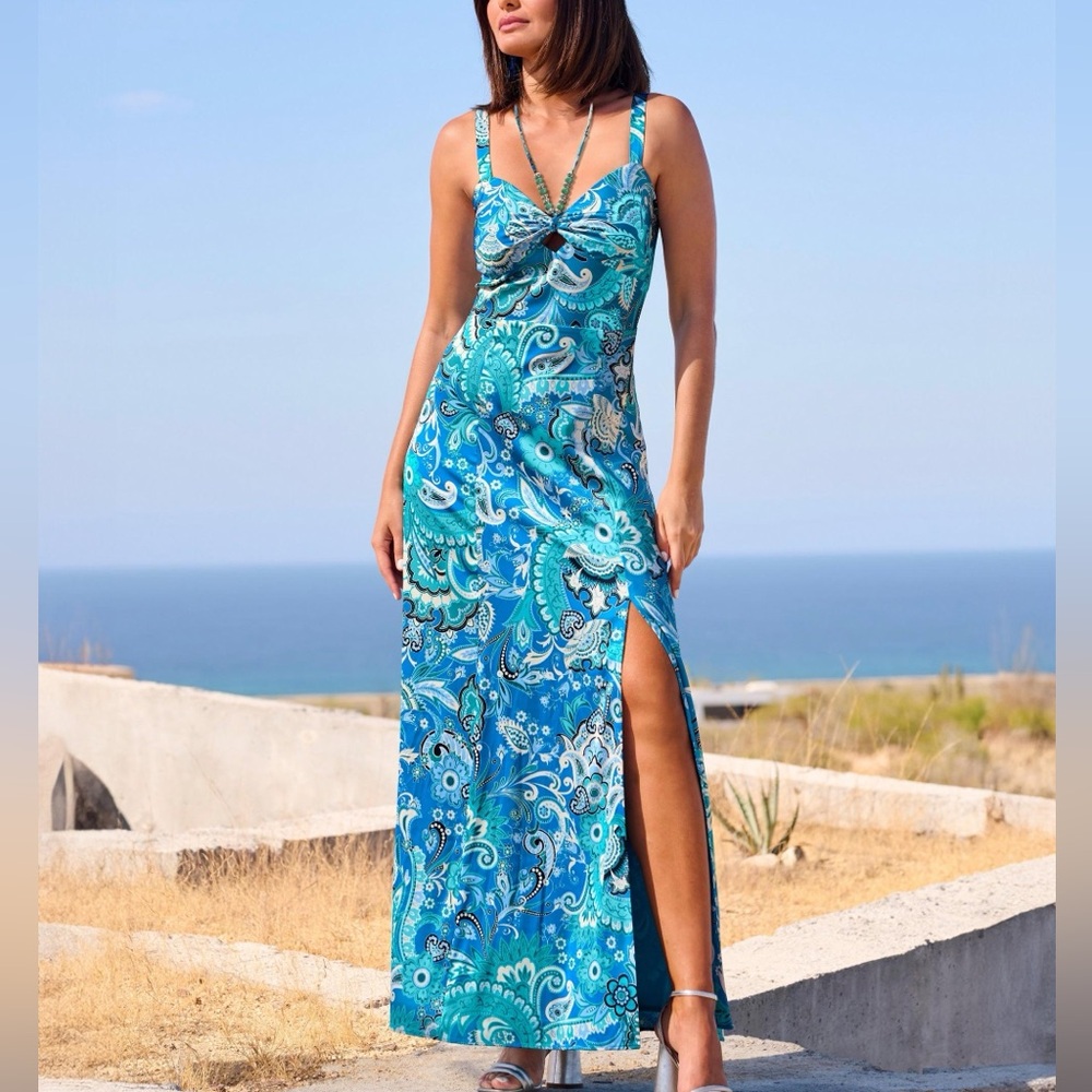 BOSTON PROPER women’s Stamped Floral Print Necklace Detail Charmeuse Maxi Dress